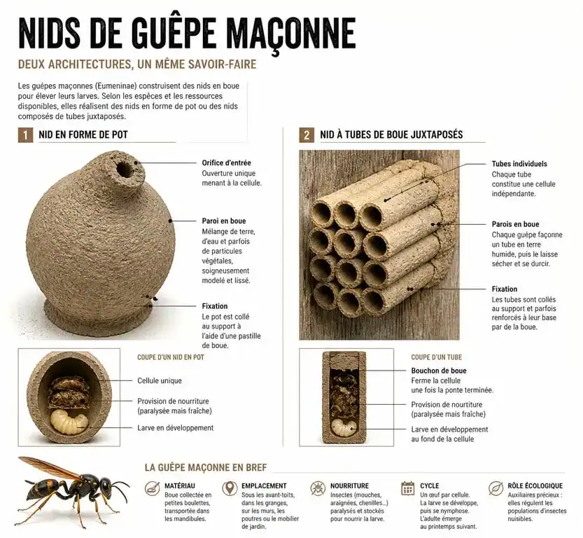 Identification d'un nid de guêpe maçonne : nid en pot et nid en tubes de terre