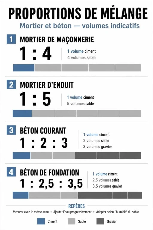 Tableau récapitulatif des dosages de ciment, sable et gravier pour mortier et béton