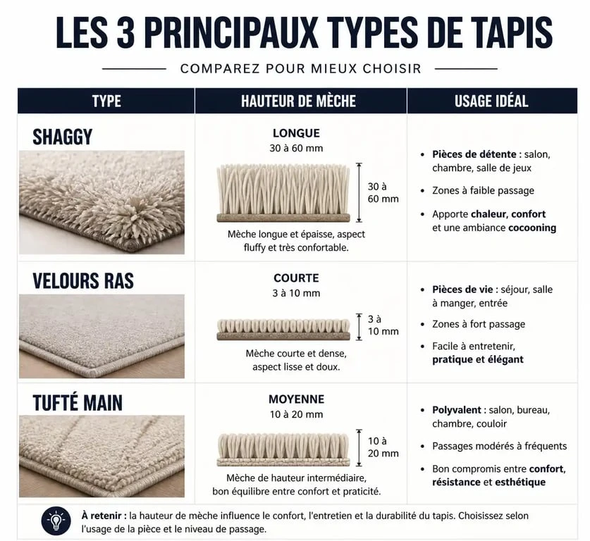Infographie comparative des types de tapis doux : Shaggy, Velours ras et Tufté main pour choisir le meilleur tapis doux pour votre intérieur.