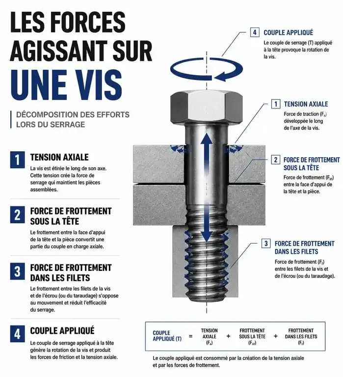 Schéma technique des forces de serrage d'une vis : tension, frottement et couple