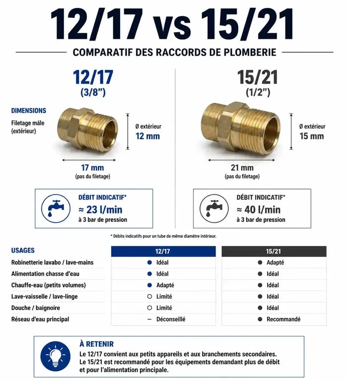 Comparaison des dimensions et usages des raccords de plomberie 12/17 et 15/21