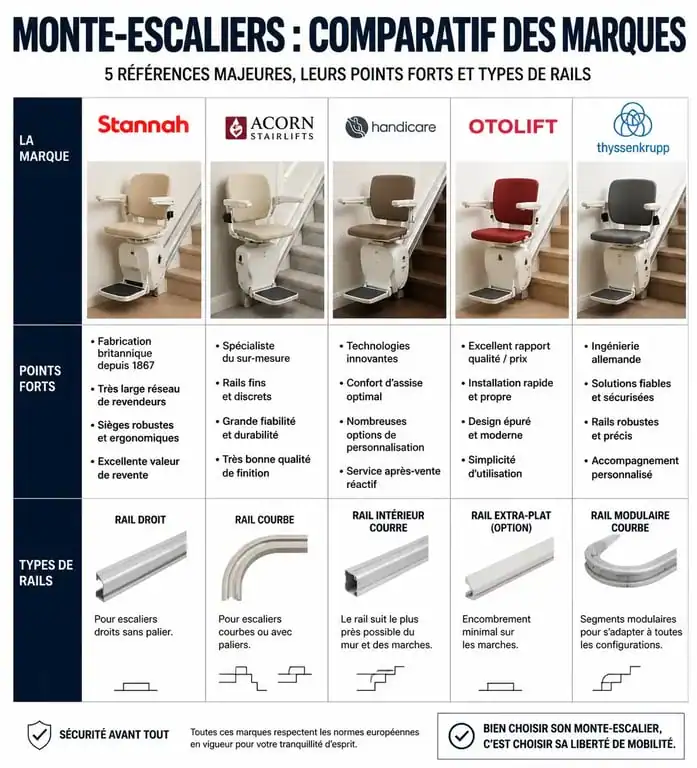 Comparatif des meilleures marques de monte-escaliers : Stannah, Acorn, Handicare, Otolift et Thyssenkrupp