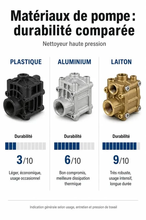 Comparatif des matériaux de pompe pour nettoyeur haute pression : plastique, aluminium et laiton pour choisir le meilleur modèle.