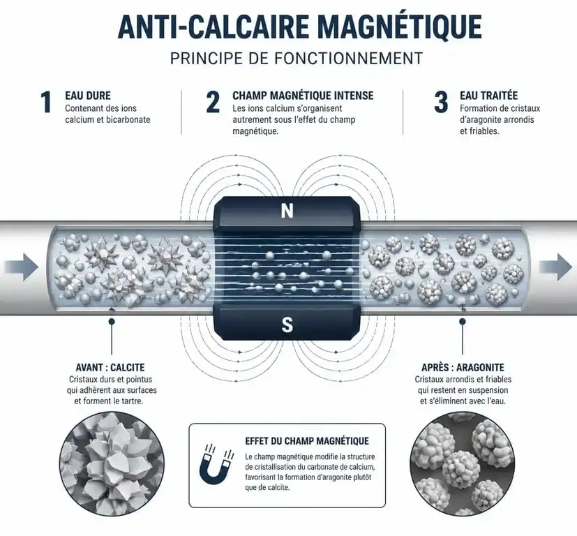 Schéma de fonctionnement de l'anti-calcaire magnétique Biopur Habitat pour le traitement de l'eau