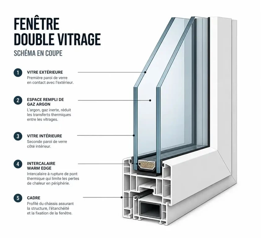 Schéma en coupe d'une fenêtre double vitrage sur mesure avec ses composants techniques