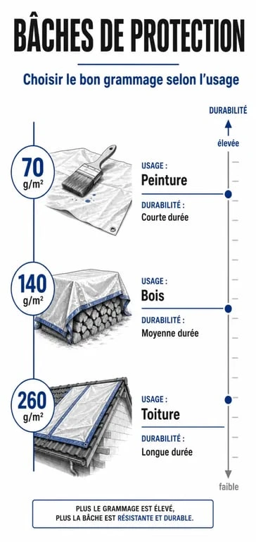 Infographie comparative des grammages de bâches bleues pour choisir la protection adaptée à vos besoins