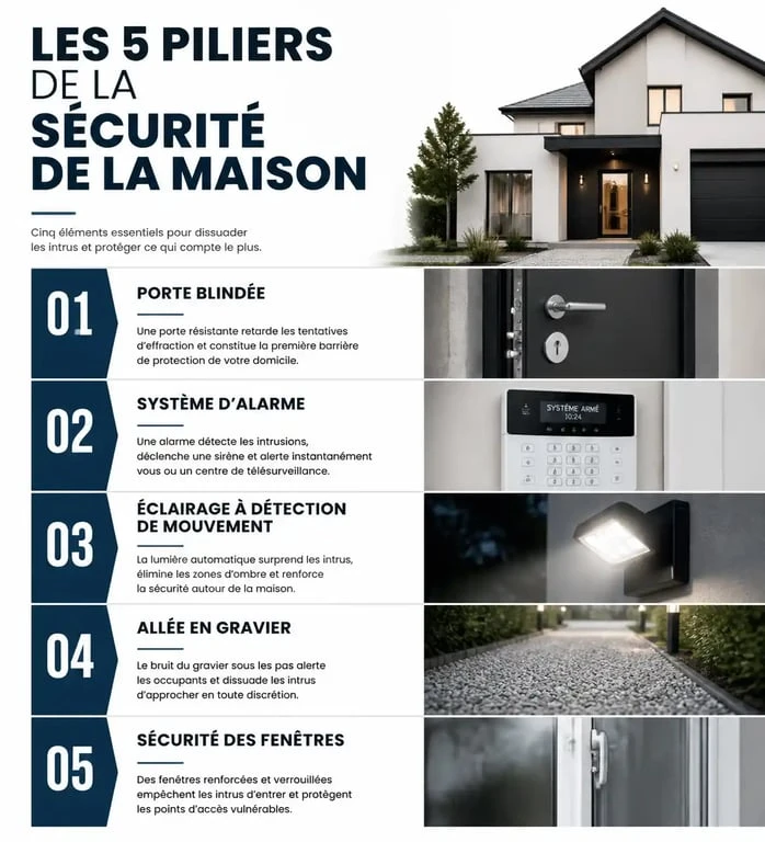Infographie des piliers de la dissuasion cambriolage pour sécuriser son domicile