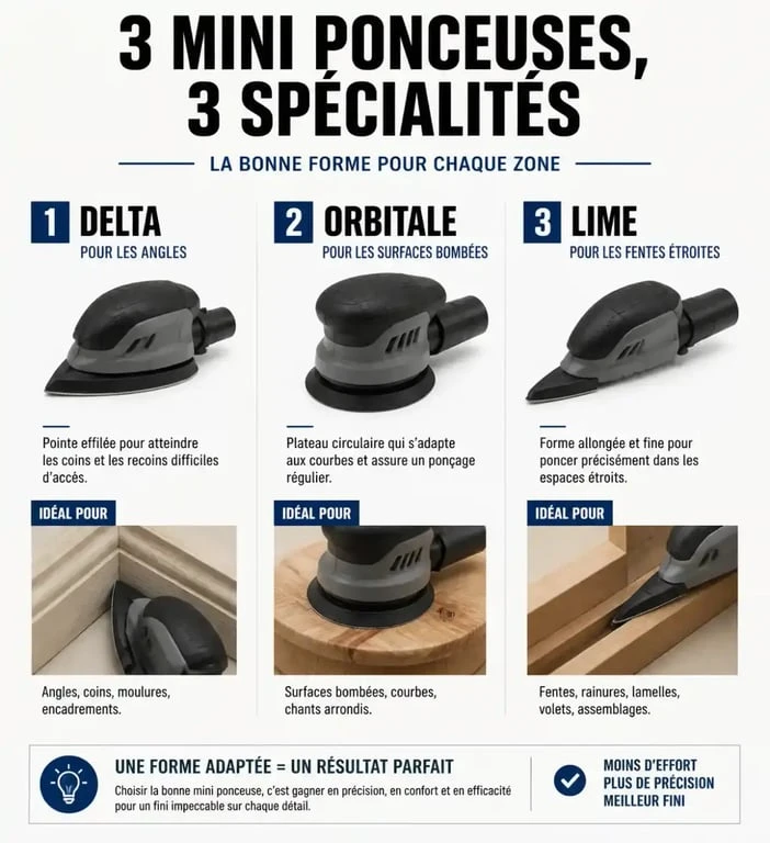 Infographie comparative des types de mini ponceuse électrique : Delta, orbitale et lime pour le bricolage