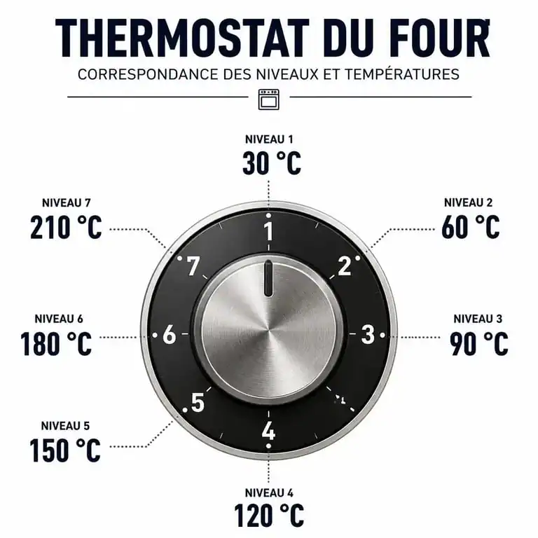 Infographie des correspondances entre les chiffres du thermostat et la température en degrés Celsius pour un four