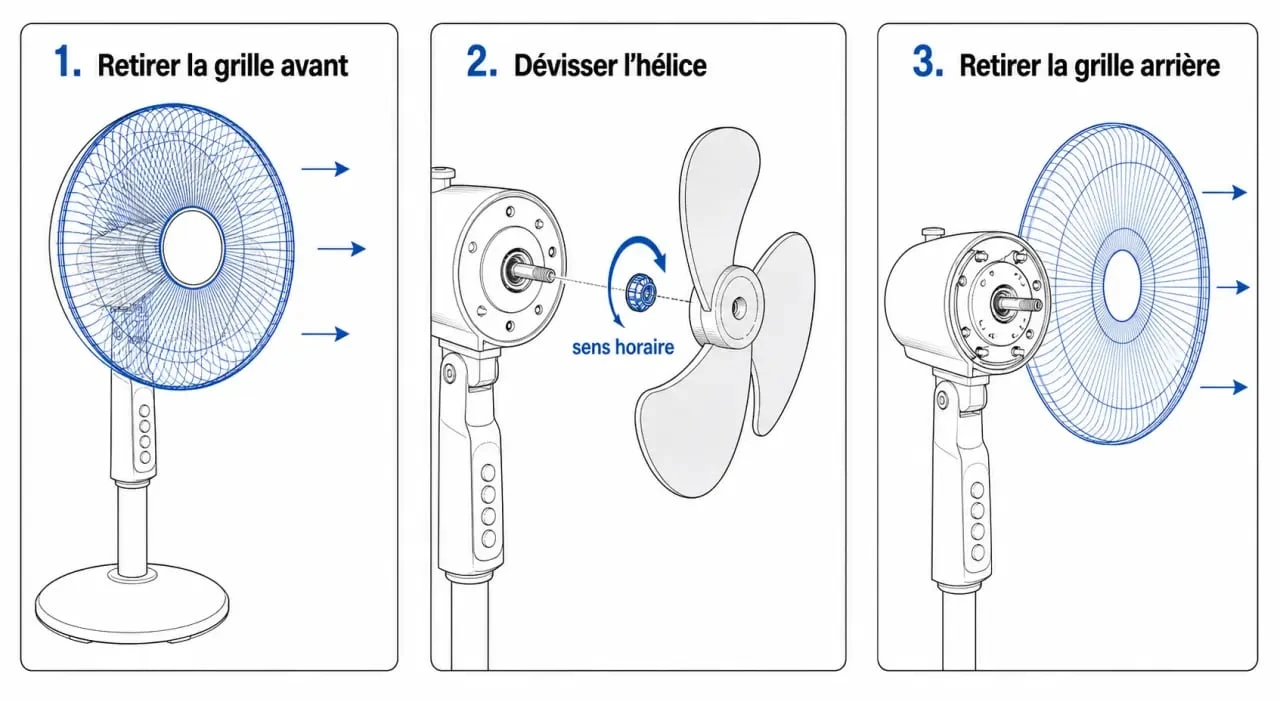 Schéma explicatif des étapes pour démonter un ventilateur sur pied en toute sécurité