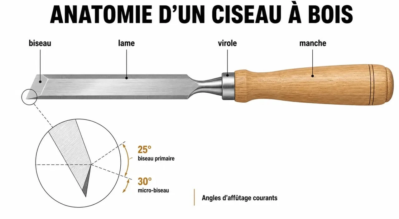 Schéma technique de l'anatomie et des angles d'affûtage d'un ciseau à bois pour menuiserie