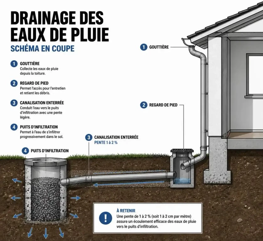 Schéma de fonctionnement du drainage des eaux de pluie par gouttière