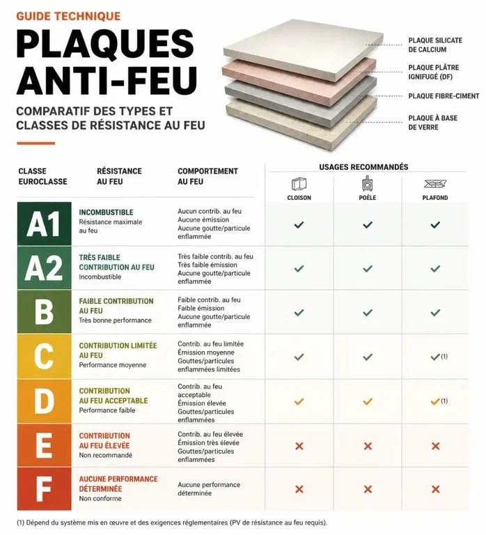 Comparatif des plaques anti-feu Brico Dépôt et classes de résistance au feu