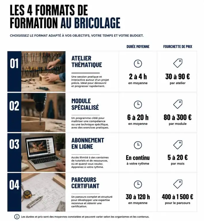Infographie comparative des prix et durées des formations bricolage et travaux