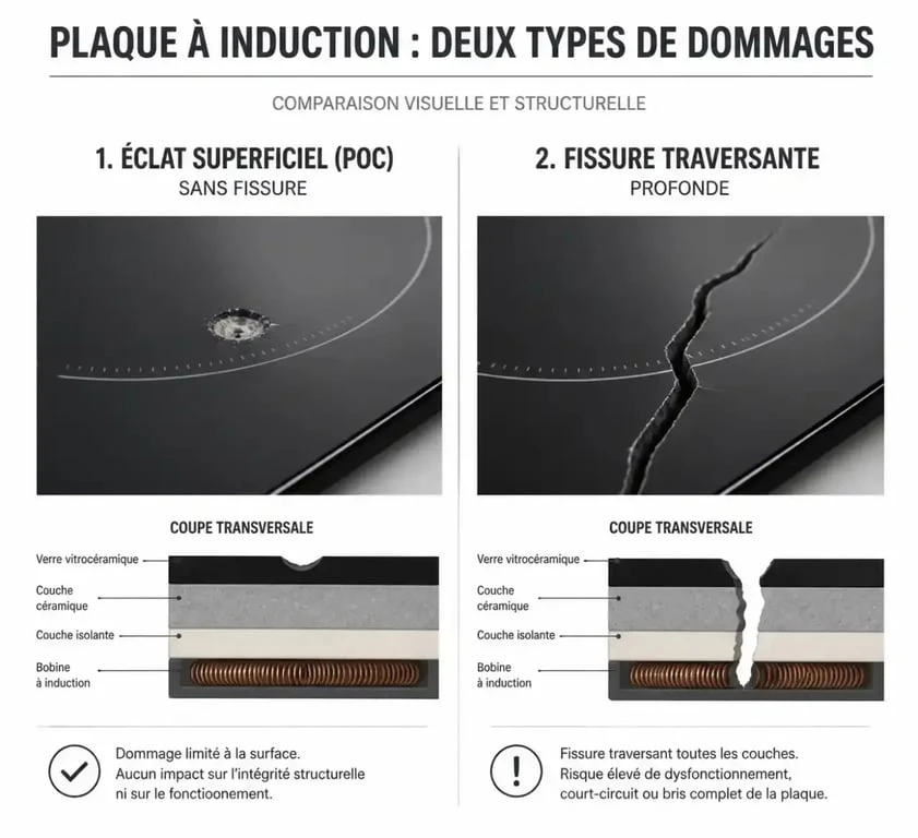Schéma comparatif des types de dommages sur une plaque induction : éclat superficiel vs fissure traversante pour la réparation à la résine