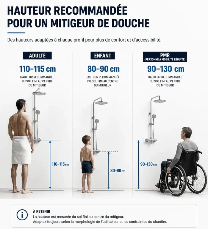 Infographie des hauteurs recommandées pour l'installation d'un mitigeur de douche selon le type d'utilisateur