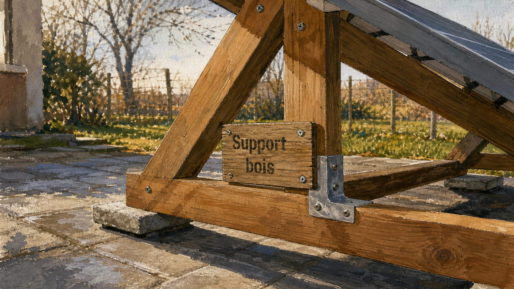 Fabriquer support panneau solaire bois : triangle en bois traité, vis inox et fixation