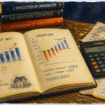 Immobilier livre ouvert avec graphiques rendement net et cashflow