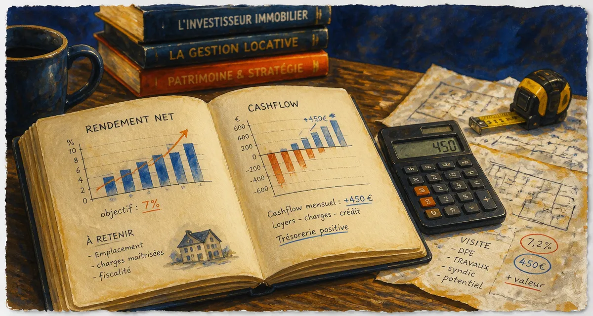 Immobilier livre ouvert avec graphiques rendement net et cashflow