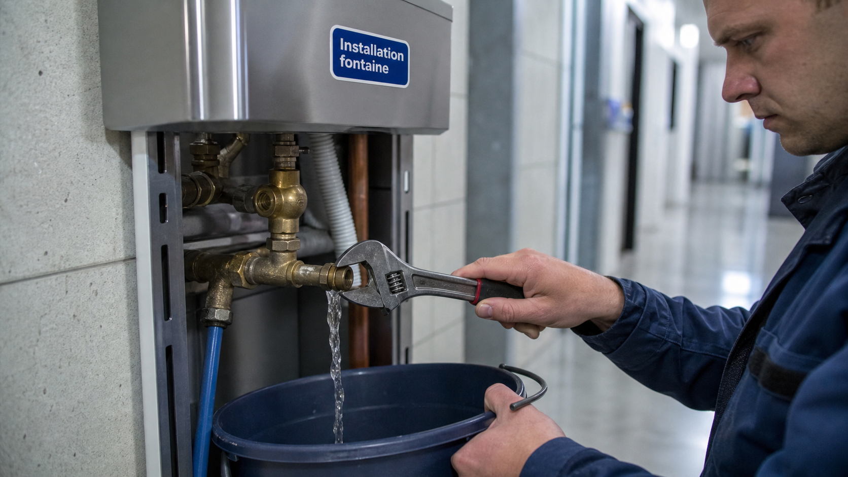 Installation fontaine à eau : technicien raccorde des tuyaux et un té de dérivation