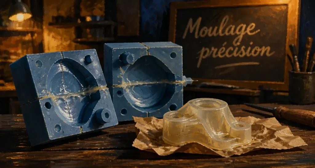 Le moulage : moule silicone ouvert pour pièce en résine, atelier de fonderie
