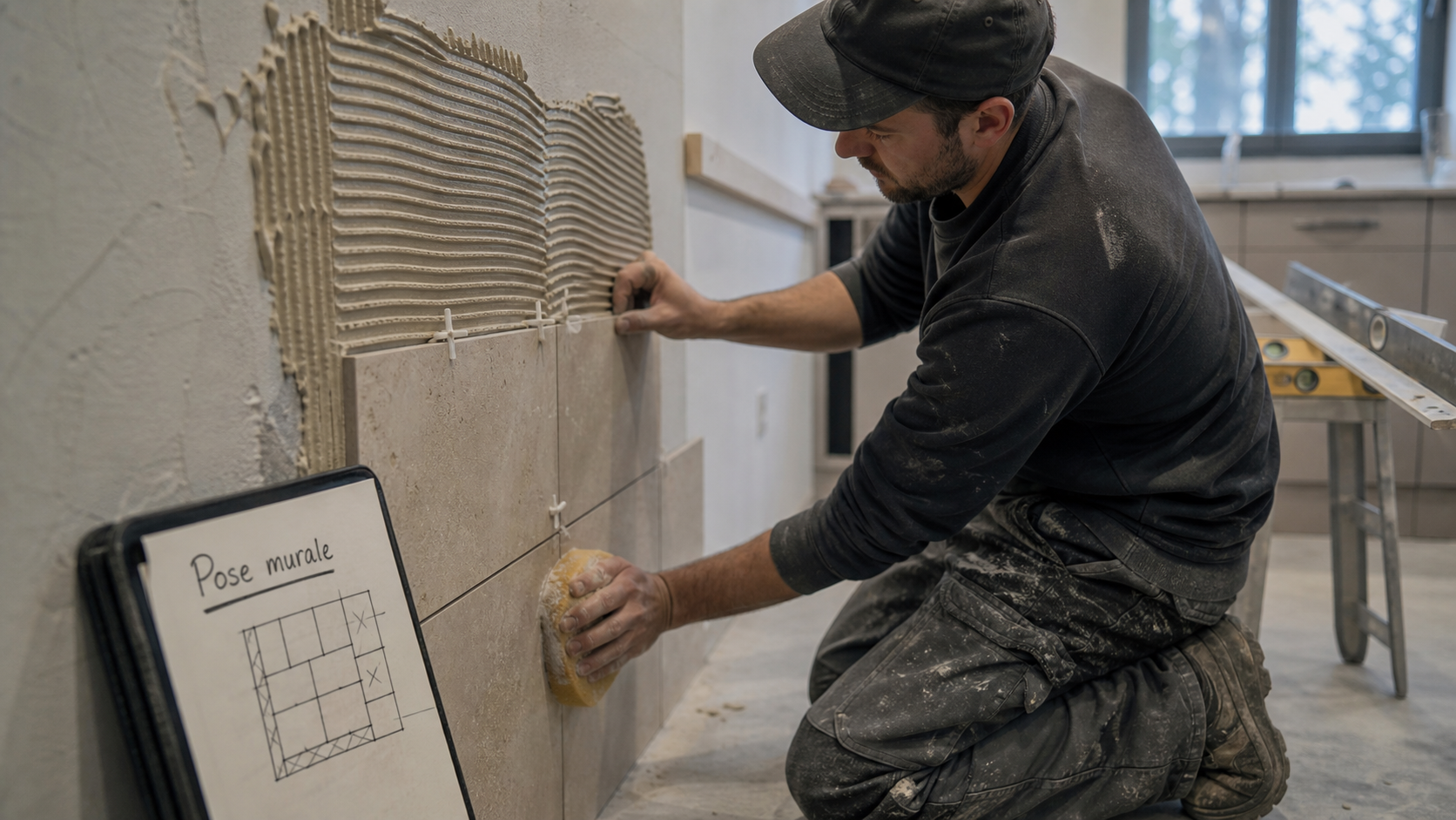 Pose carrelage mural : carreleur sur tasseau horizontal pour aligner les carreaux