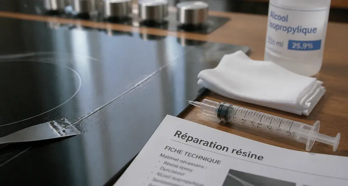 Résine réparation verre plaque induction fissurée, vue de près