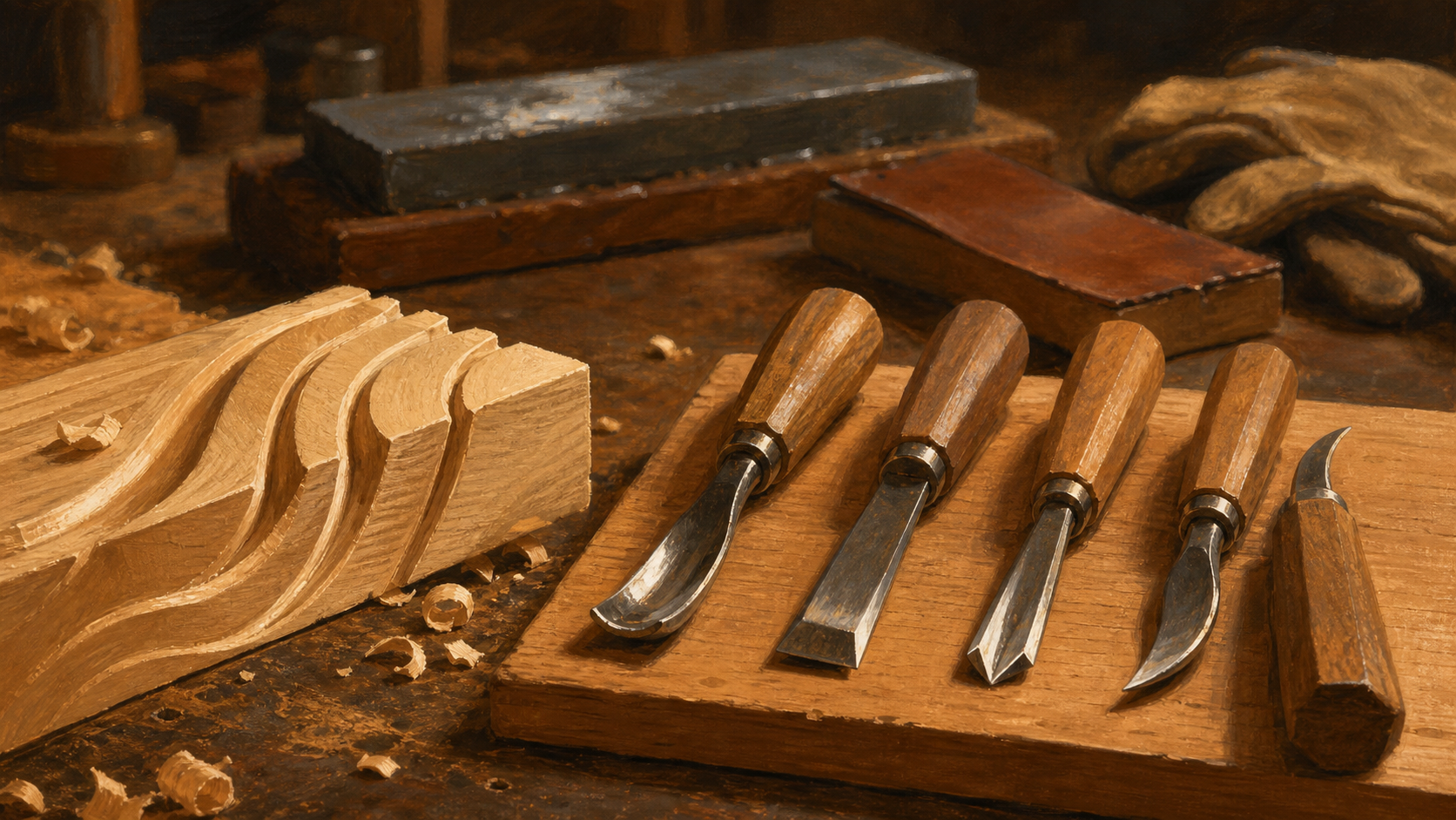 Sculpture sur bois outils : gouges et ciseaux sur planche de hêtre