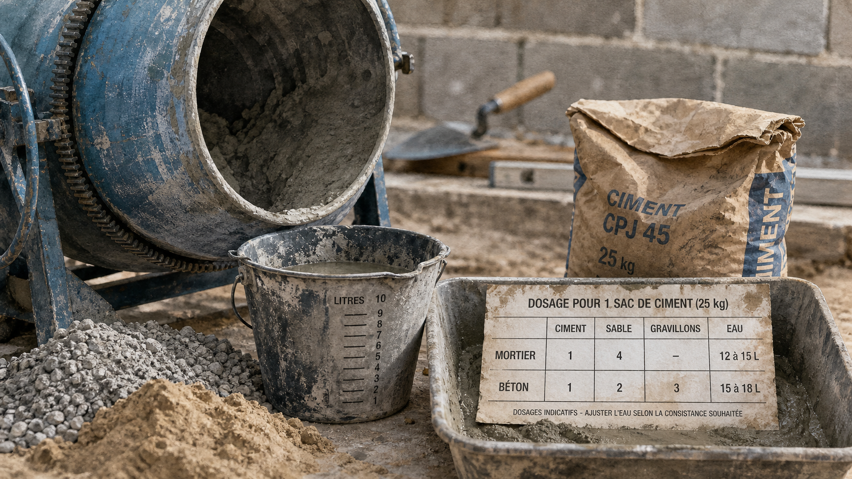 Tableau dosage ciment sable pour mortier et béton, chantier
