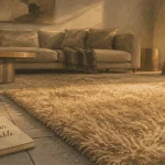 Tapis doux shaggy moelleux durable, texture fibre visible sur carrelage