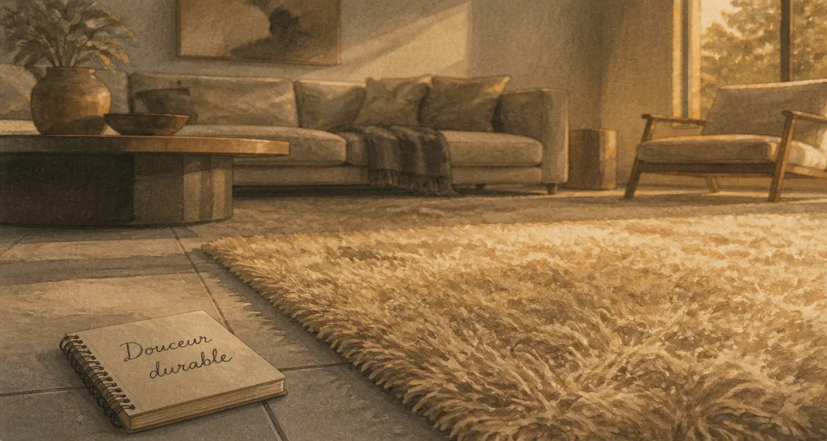 Tapis doux shaggy moelleux durable, texture fibre visible sur carrelage