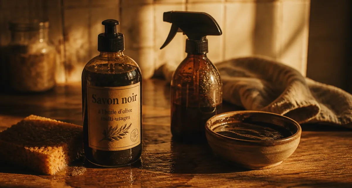 Utilisation du savon noir : bouteille, éponge et pâte pour nettoyer la maison