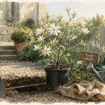 Arbre a planter : magnolia étoilé en conteneur au jardin, fleurs blanches
