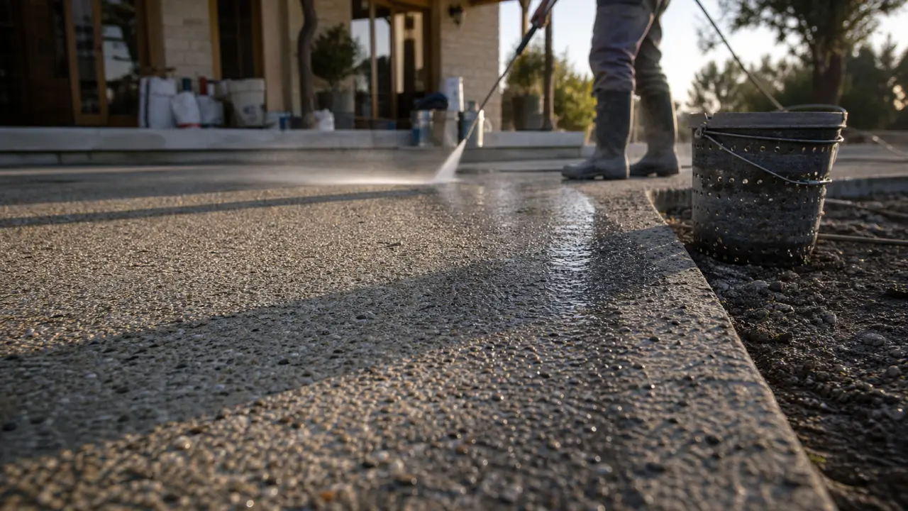 béton lavé sur allée, granulats apparents et rendu texturé