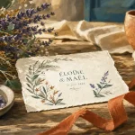 Couleur boheme terracotta et ecru, vert sauge et bleu canard sur table en bois.
