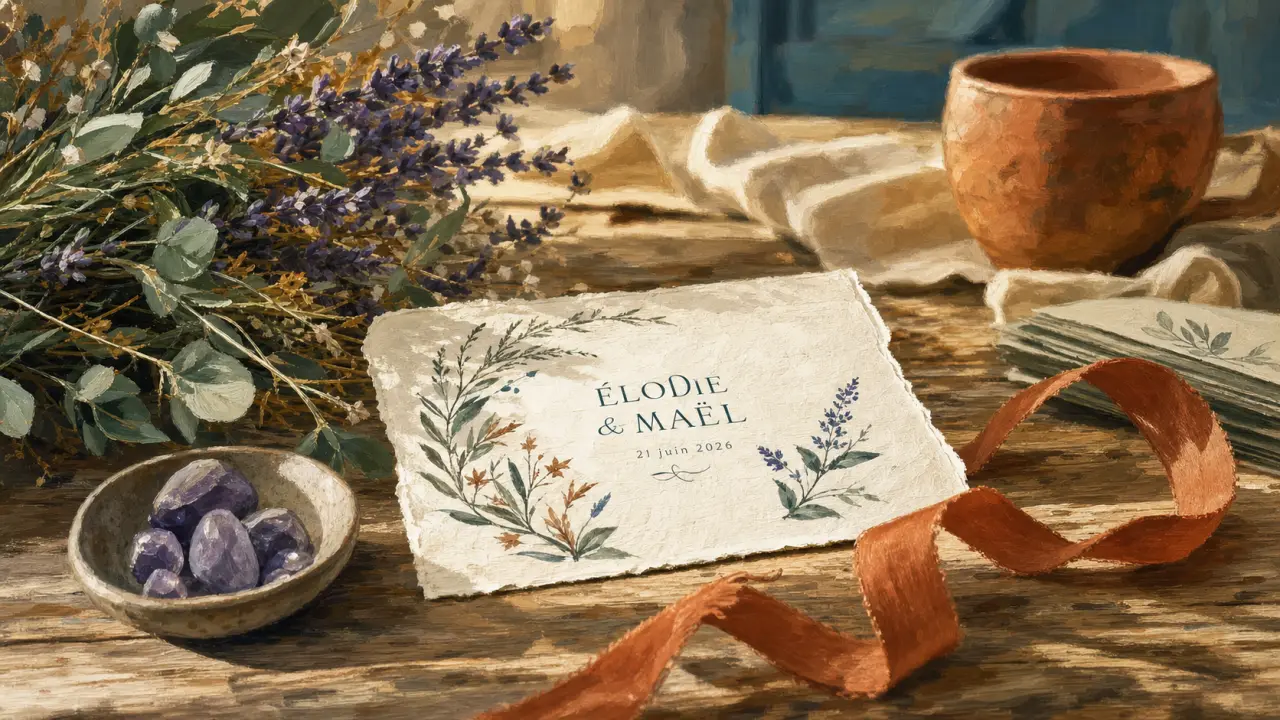 Couleur boheme terracotta et ecru, vert sauge et bleu canard sur table en bois.