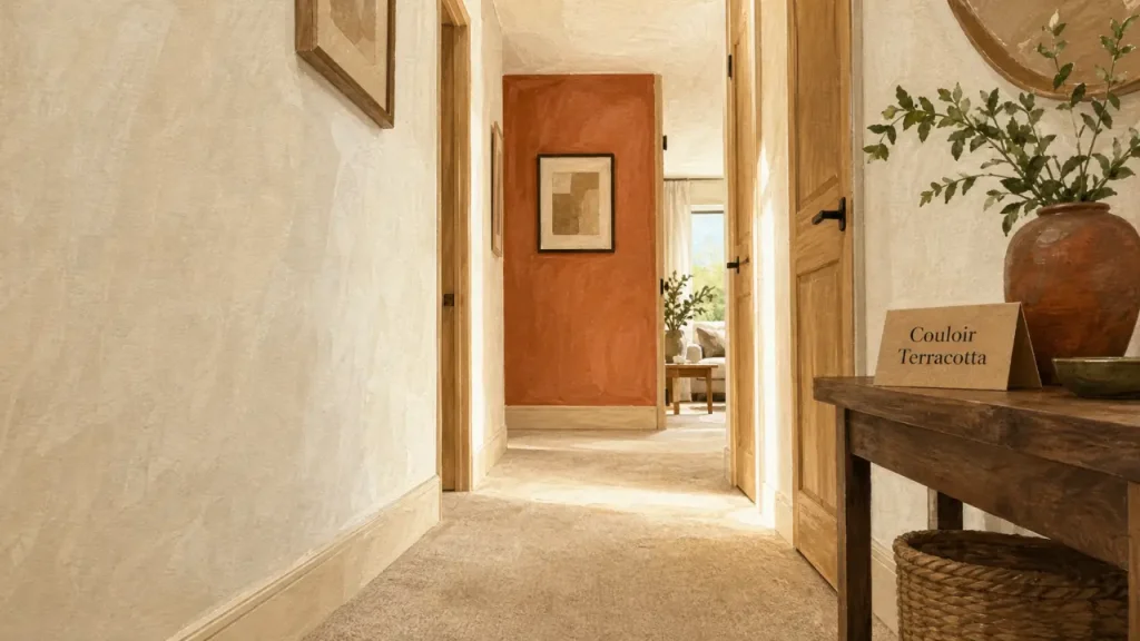 Couleur peinture pour couloir terracotta lumineux, couloir étroit