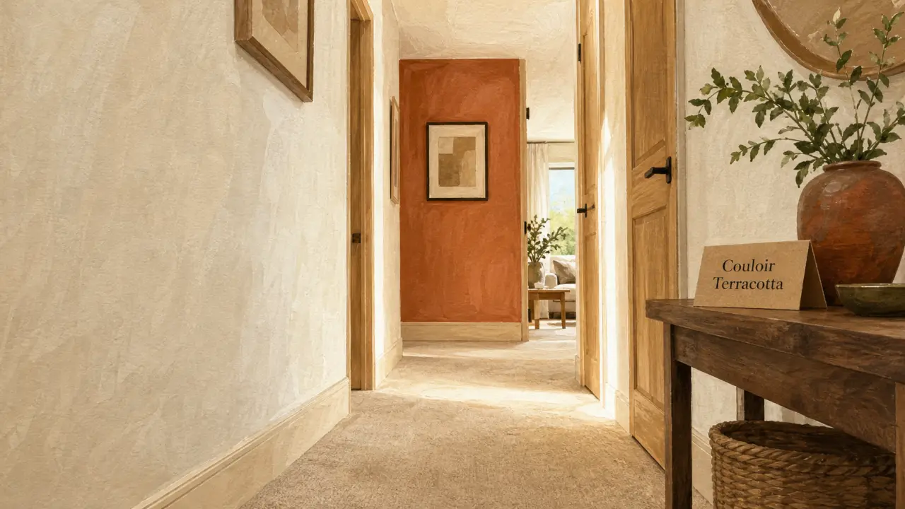 Couleur peinture pour couloir terracotta lumineux, couloir étroit