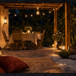 Déco jardin extérieur : terrasse bois et coin repas lumineux au crépuscule