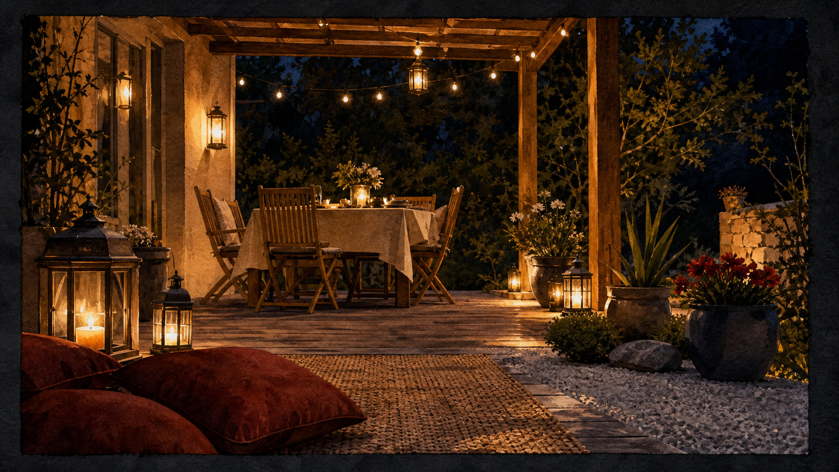 Déco jardin extérieur : terrasse bois et coin repas lumineux au crépuscule
