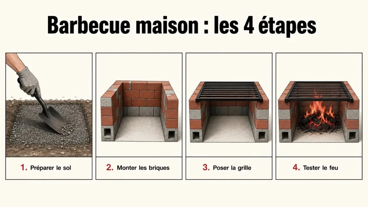 Faire un barbecue maison étape par étape, avec briques, grille et feu