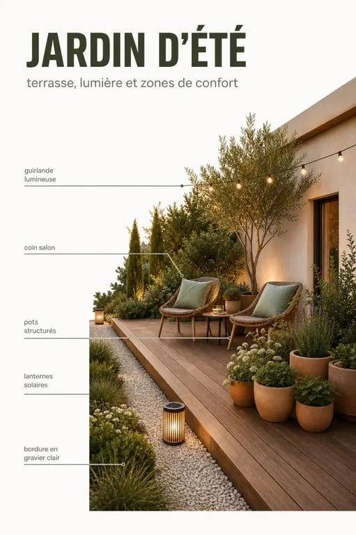 Déco jardin extérieur : terrasse décorée avec lanternes, pots de fleurs, gravier et coin salon chaleureux