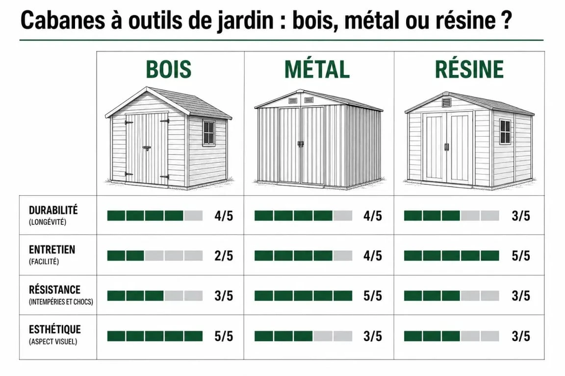 Infographie comparative des matériaux pour cabane à outil de jardin : bois, métal et résine