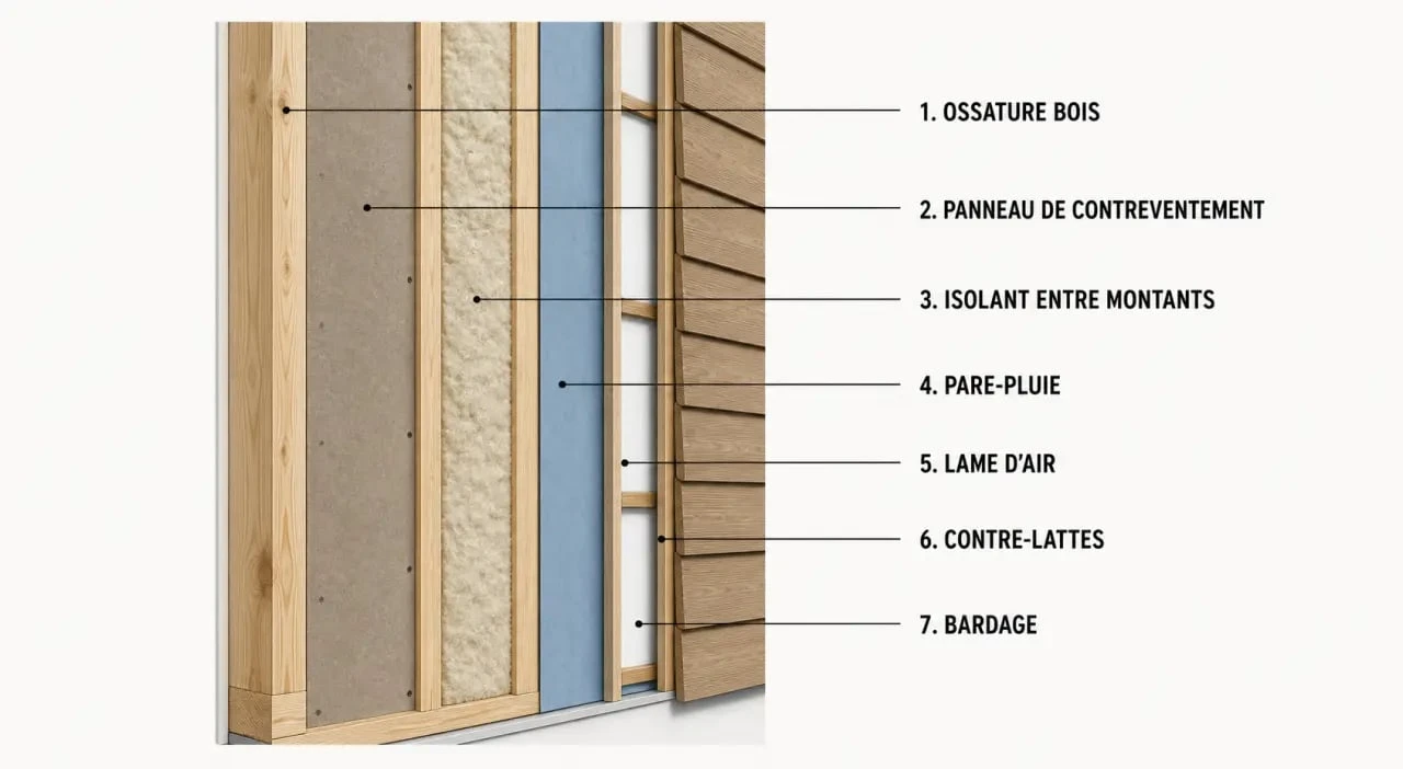 Schéma d’un mur à ossature bois en coupe avec ses couches et son contreventement