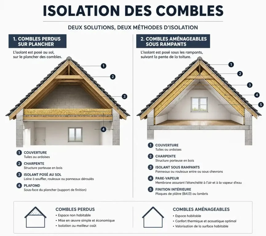 Schéma technique de l'isolation du grenier : combles perdus vs combles aménageables
