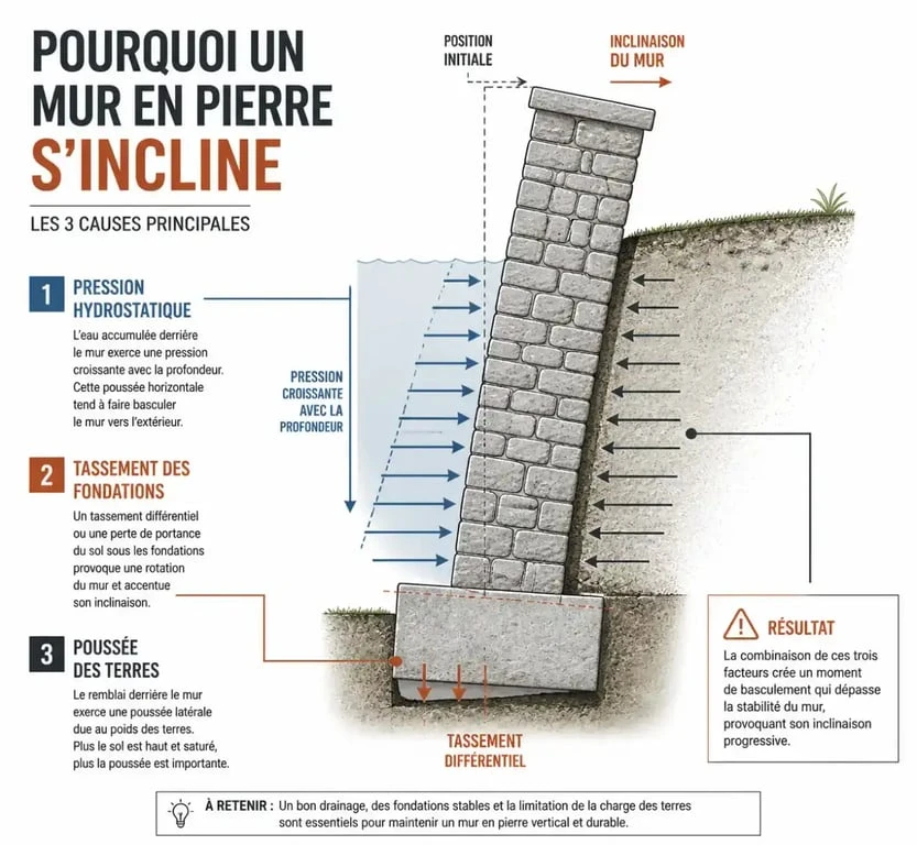 Schéma explicatif des causes de dévers d'un mur en pierre pour renforcer un mur en pierre qui penche