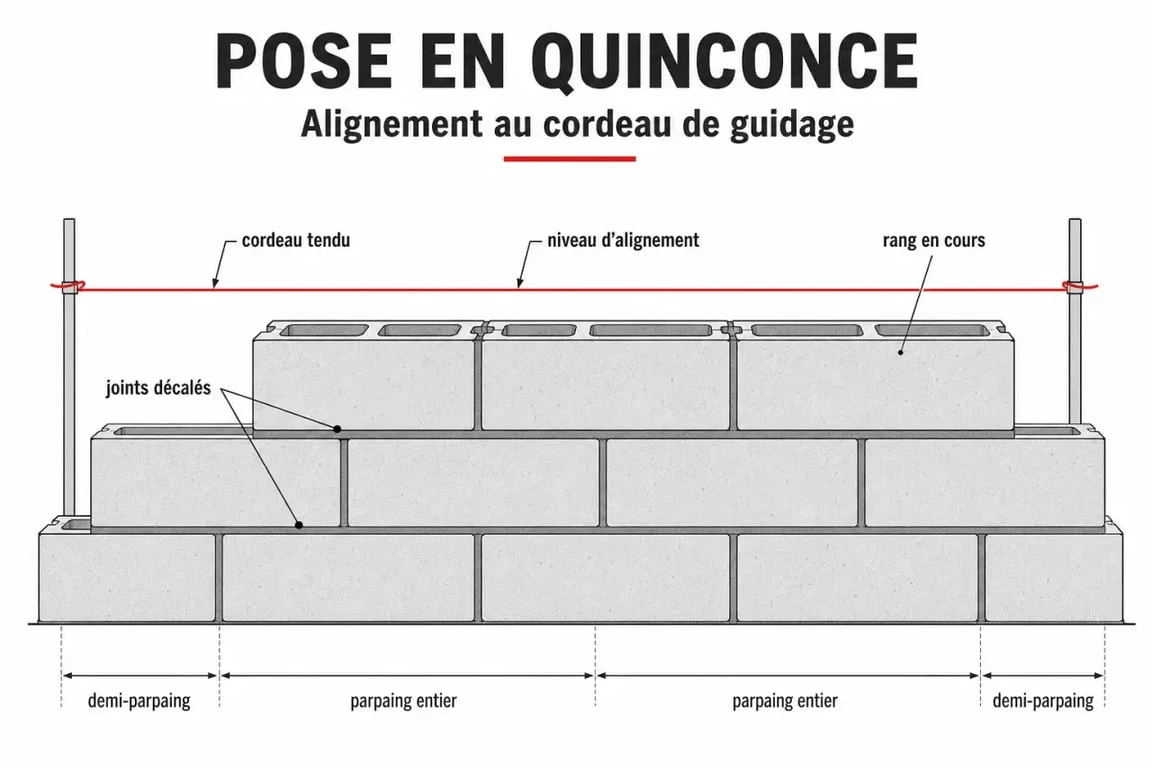 Schéma explicatif de la pose de parpaings en quinconce pour monter un mur solide