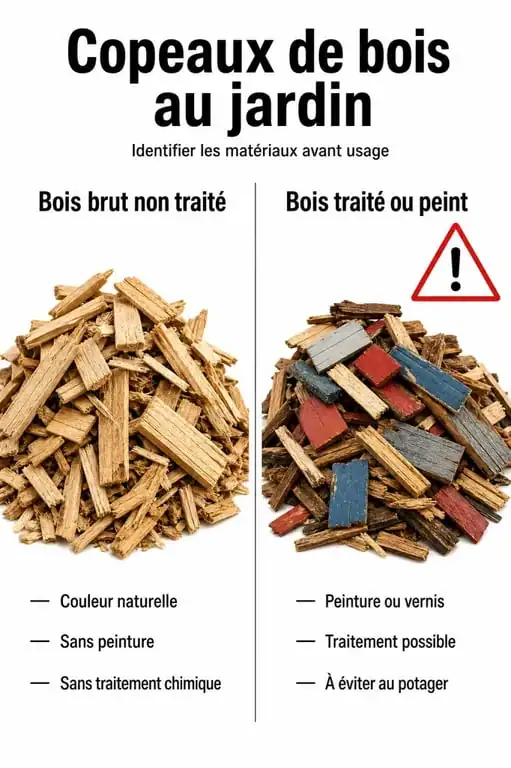 Comparaison visuelle entre copeaux de bois brut pour paillage et bois traité à éviter