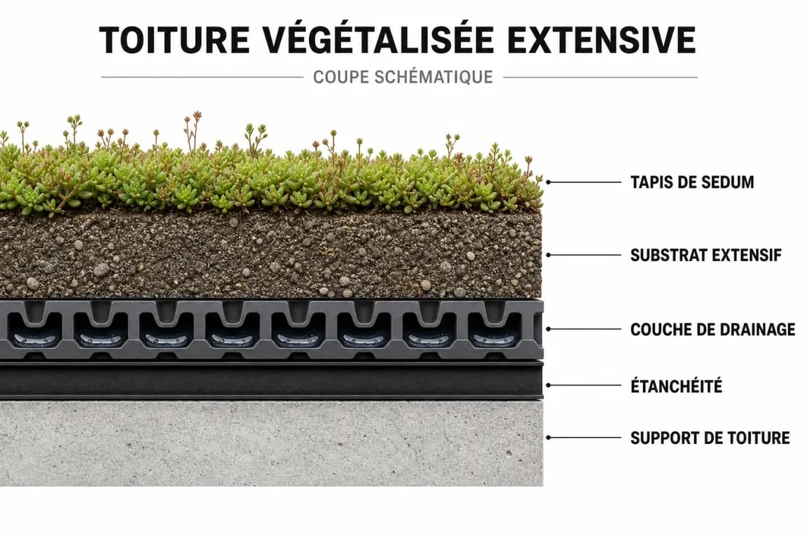 Schéma technique des couches d'une toiture végétalisée sedum : étanchéité, drainage et substrat.