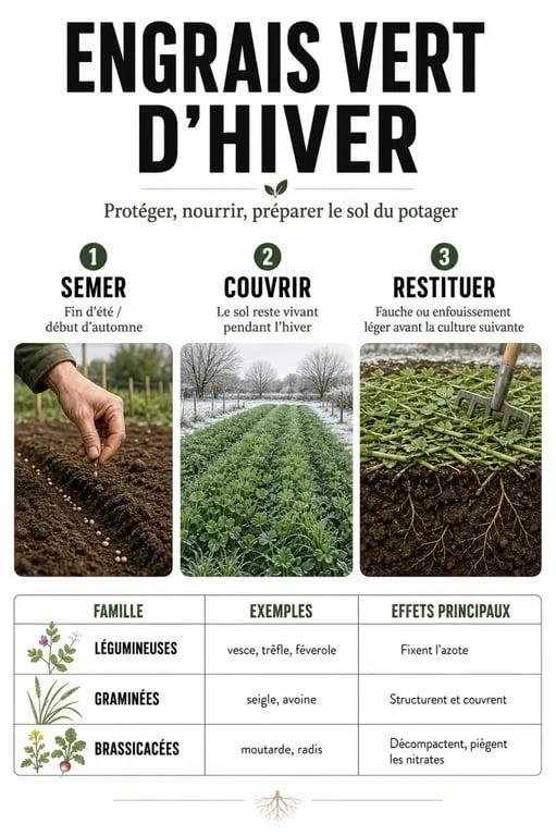 Infographie sur l’engrais vert hiver : semis, couverture du sol et restitution avant les cultures de printemps